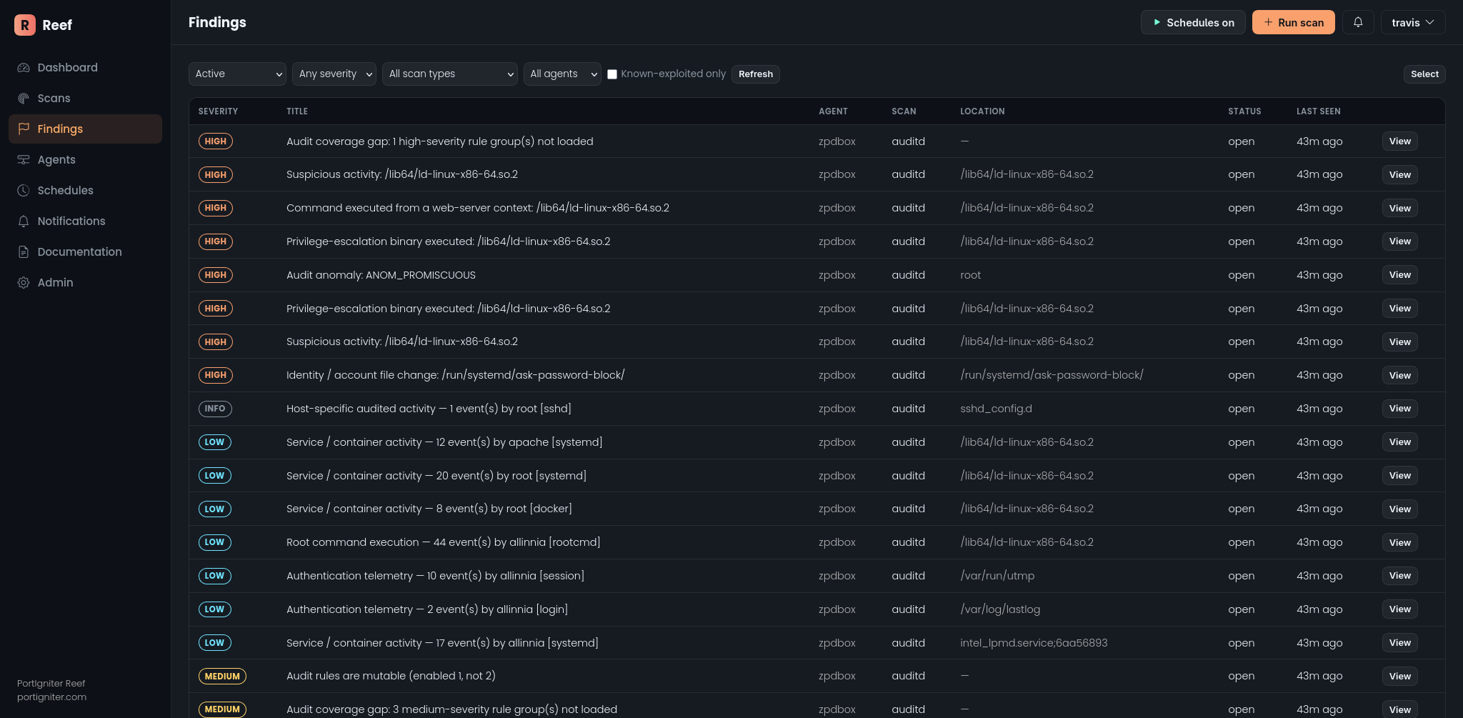 Reef findings table with a KEV badge on an actively exploited CVE and a finding detail drawer