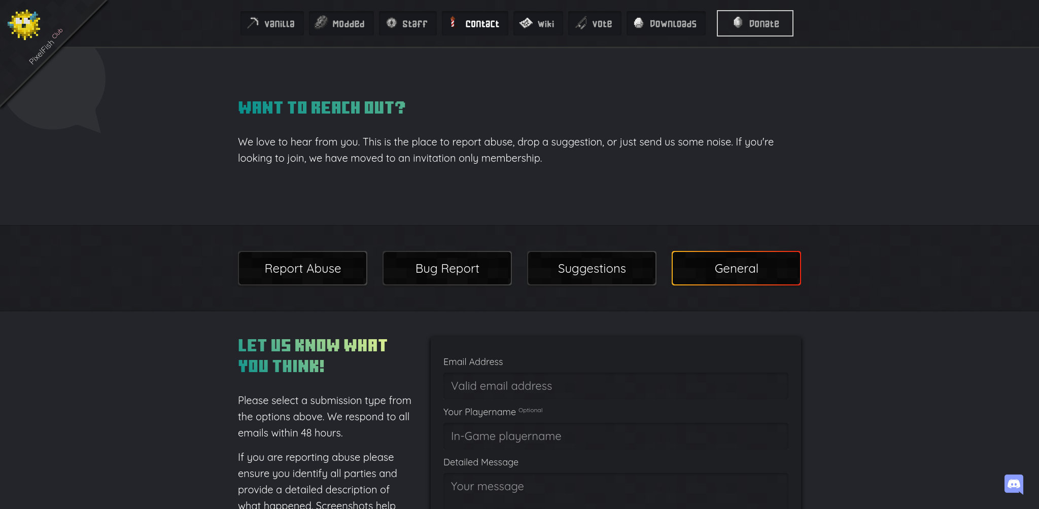 Pixelfish MC Contact Page
