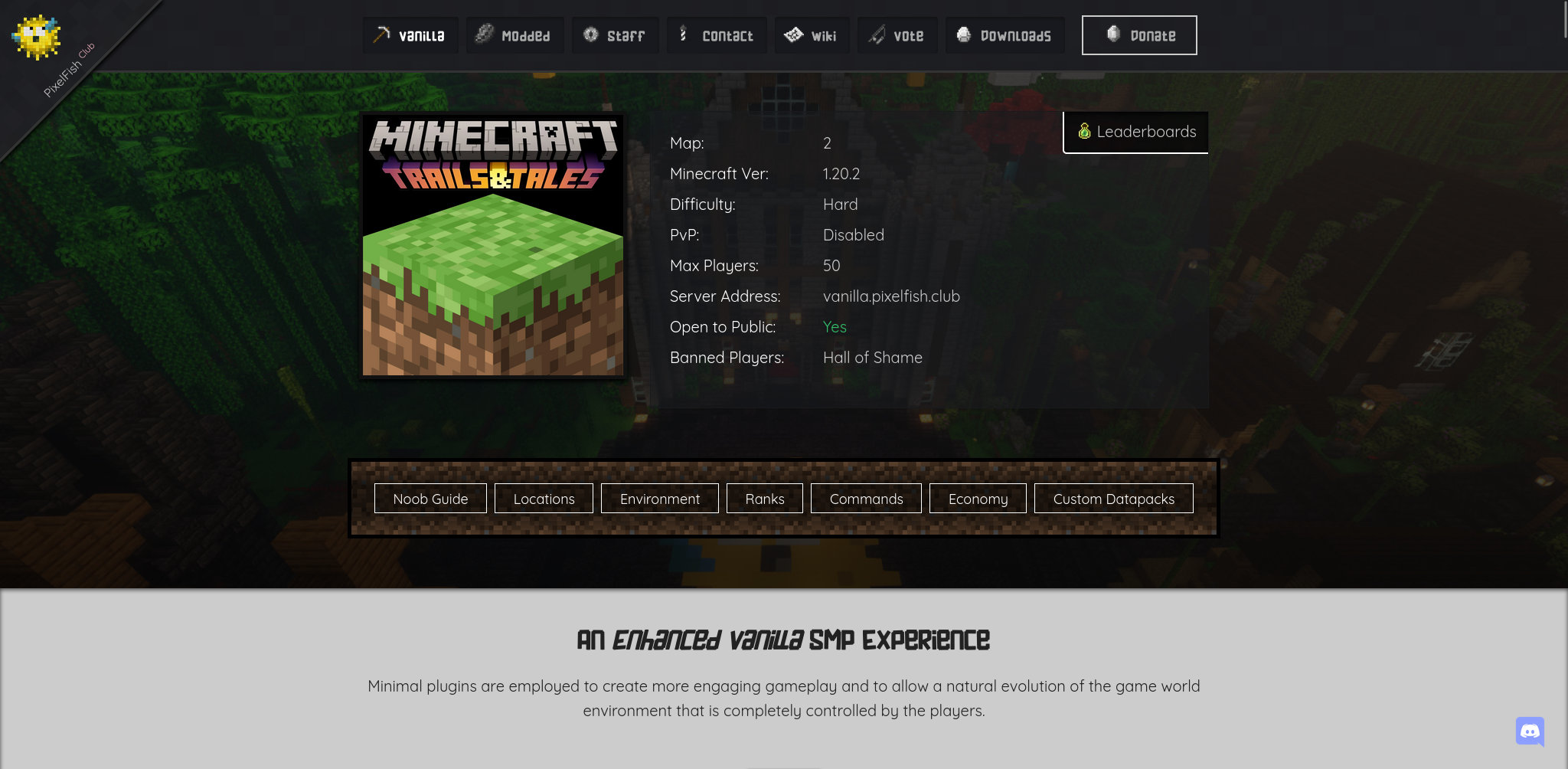 Pixelfish MC Vanilla Minecraft Server Page